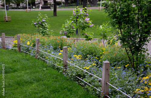 flowerbed with colorful perennials and wooden fence posts with ropes in the park photo