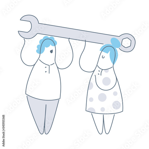 Cartoon man and woman holding the spanner or wrench. Technical support, maintenance, construction, repair service or engineering concept. Flat line vector icon on white background.