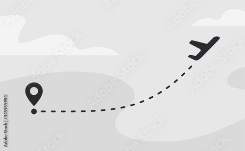 Airplane line path. Plane taking off. Flight of the aircraft. Route travel. Starting point. Vector illustration. Color easy to edit. Transparent background.