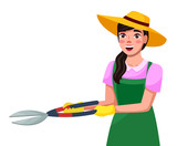 Portrait of young long-haired brunette woman in hat, uniform holding gardening scissors in hands at white background. Cartoon vector character with farmer tool in hands. Cute female gardener in gloves