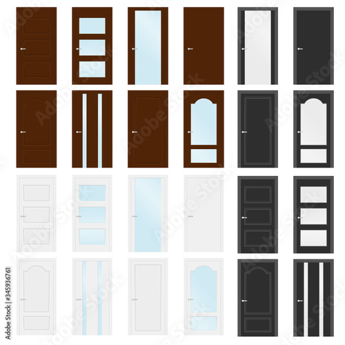 Collection of interior doors. House or office doors with glass design elements