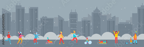 Panoramic view with happy people playing snowballs, skating, riding on sleds, walking dog. Urban winter city background. Outdoors leisure, activity at weekends. Cartoon characters in flat style