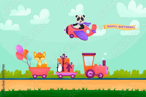 Funny animal happy birthday greeting card. Animals are going on train to birthday party. Animals flying on plane in mountains. Cute and beautiful vector landscape.