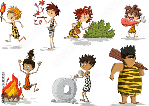 Group of cartoon cavemen. Stone age people.

