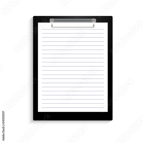 A tablet for notes with a sheet in a ruler without inscriptions. The tablet is black with a clip. Vector illustration. Stock Photo.