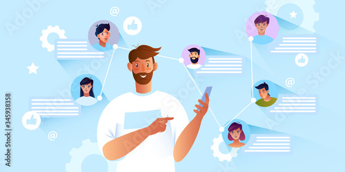 Online communication concept with young bearded male character using smartphone. Group chat banner with users’ avatars and message bubbles. Internet teamwork and social media background.