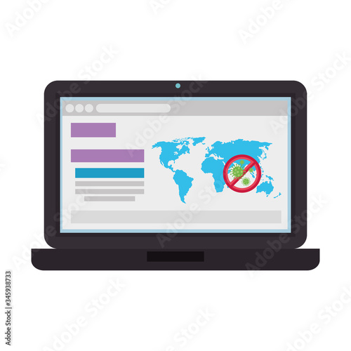 earth maps with stop covid19 signal in laptop vector illustration design