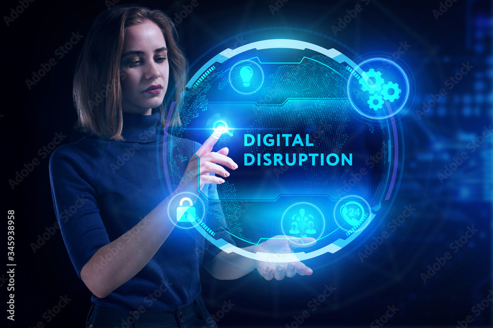 Fototapeta premium Business, Technology, Internet and network concept. Young businessman working on a virtual screen of the future and sees the inscription: digital disruption