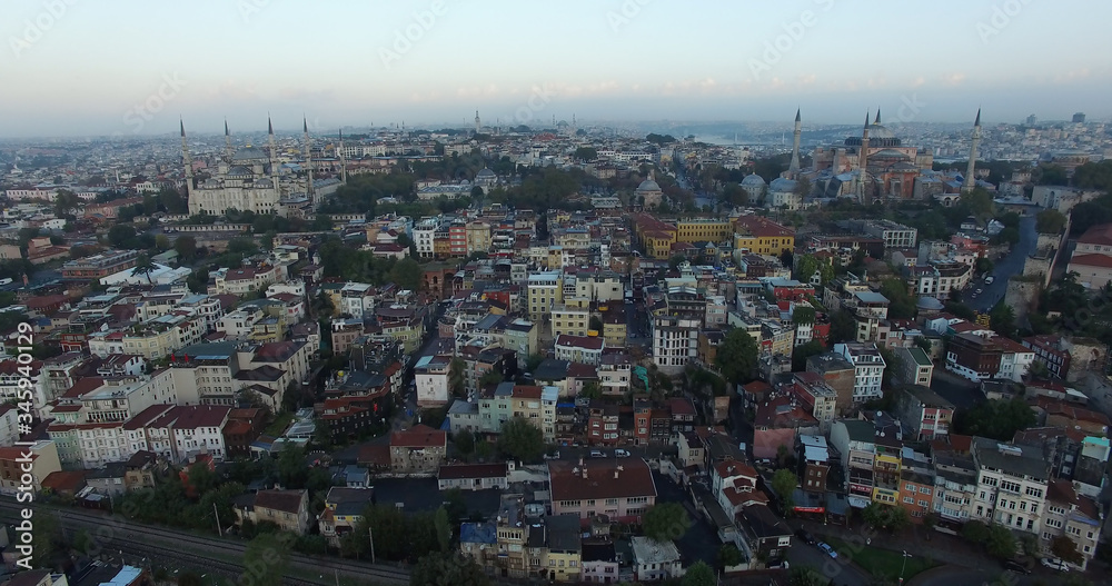 Fototapeta premium Flying over Istanbul the district of the old city of Topkapi.