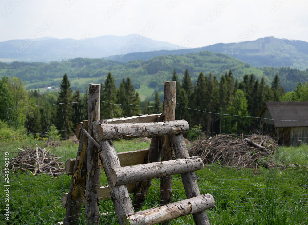 Rustic wooden ladder. Beskids mountains and western Carpathians in the distance. Shallow focus.