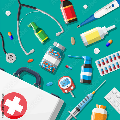 Medical first aid kit with different pills and medical devices. Medical tools, drugs, stethoscope, syringe, glucometer, thermometer. Healthcare diagnostics. Urgency emergency. Flat vector illustration