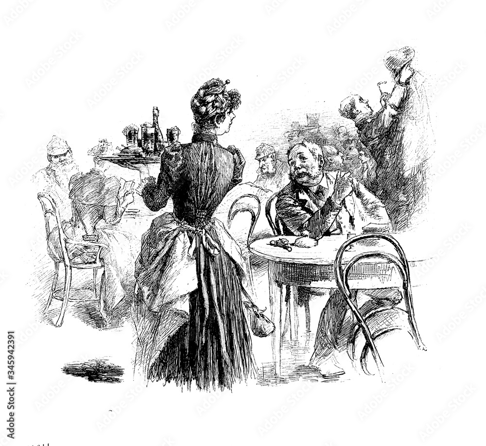 19th century caricature: habitual guest sitting alone at the inn  chats with the waitress waiting on tables