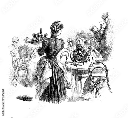 19th century caricature: habitual guest sitting alone at the inn  chats with the waitress waiting on tables