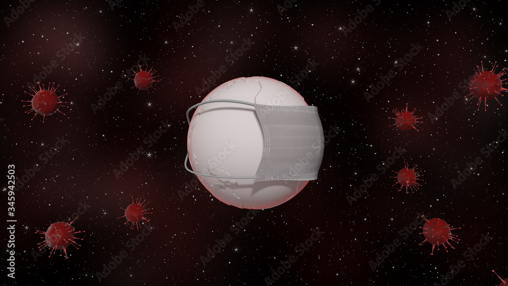 Earth on quarantine. 3D render of planet wearing medical mask rotating in infected space with red viruses floating everywhere. Earth on quarantine. 3D render of planet wearing medical mask rotating in infected space with red viruses floating everywhere.