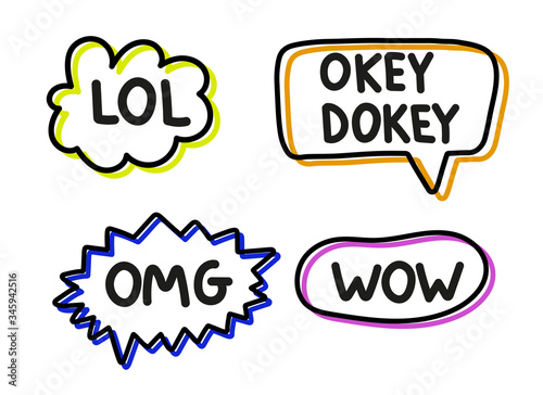Lettering illustration lol wow omg okey dokey. Handwritten phrases in neon speech bubbles. Black vector text in colorful frame. Simple outline style