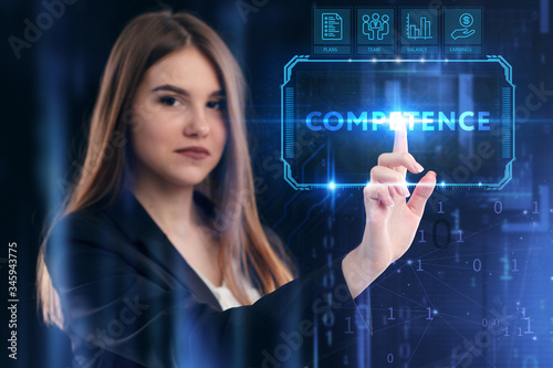 Business, Technology, Internet and network concept. Young businessman working on a virtual screen of the future and sees the inscription: Competence