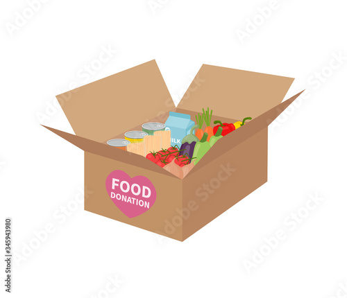 Food donation concept. Big cardboard box with food, grocery and vegetables. Donation box, support social care, volunteering and charity. Flat vector design. Isolated on white background.