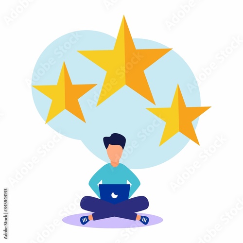 Vector illustration of young man with a star icon. The best performance estimate, five points. people return feedback and comments, successful work is the highest score.