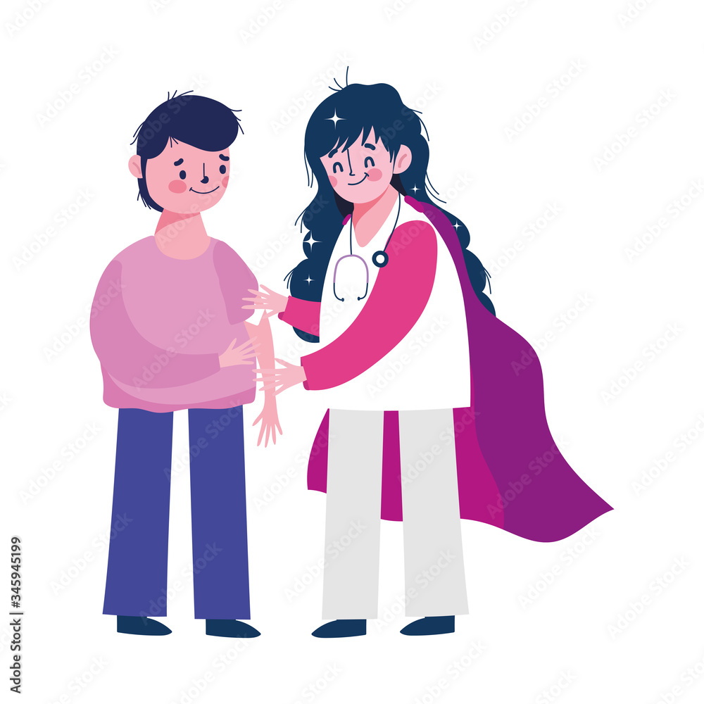 vaccination medical care, female physician and boy with band aid in arm vaccination medical care, female physician and boy with band aid in arm