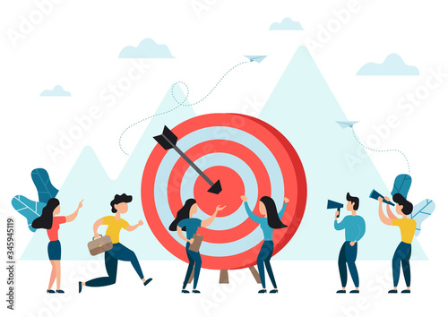 Business mission concept of people gather at the big target with arrow hit it in the center. People run to their goal, move up motivation, target achievement, successful contract team work.