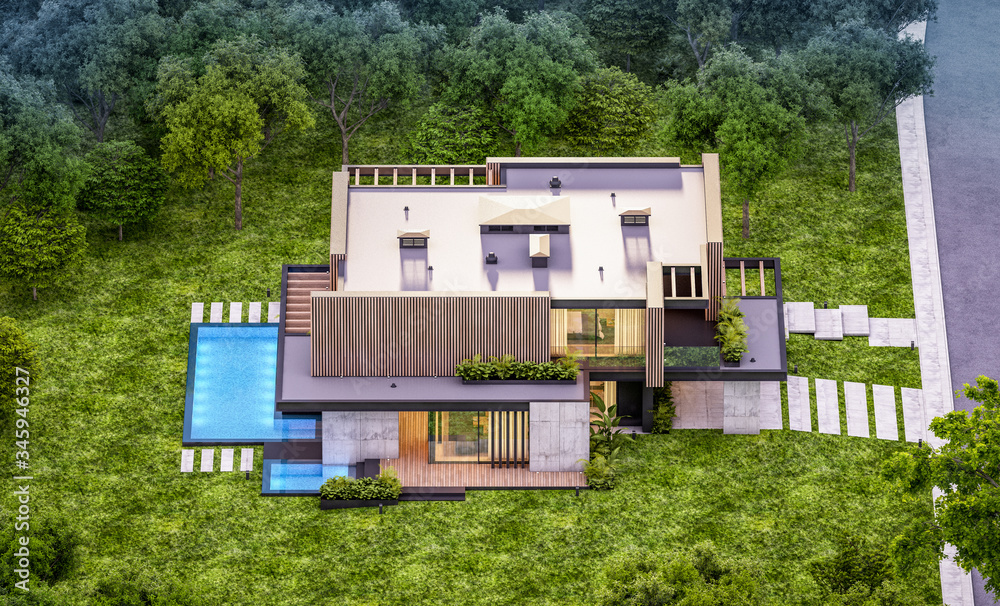 3d rendering of modern cozy house with parking and pool for sale or rent with wood plank facade and beautiful landscaping on background. Clear summer evening with cozy light from window.