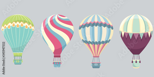 Set of hot air balloons. Colored aerostats in cartoon style.