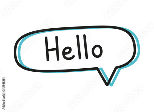 Hello. Handwritten lettering illustration. Black vector text in a blue neon speech bubble. Simple outline style