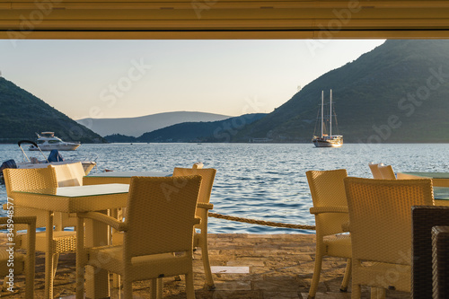 Sunset view of Kotor bay from beautiful town Perast  Montenegro.