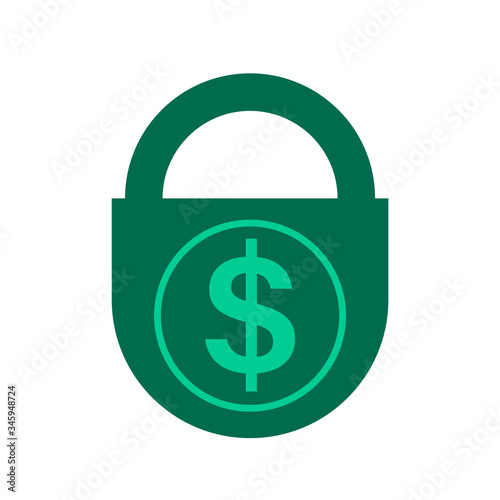 The finance deposit is kept under a padlock. Green icon with a dollar. Vector isolated illustration.