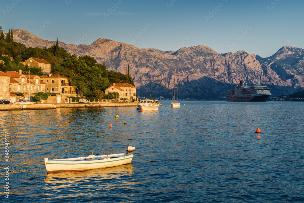 Sunset view of Kotor bay from beautiful town Perast, Montenegro.