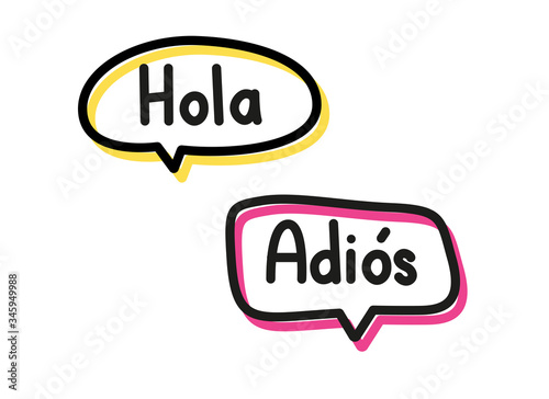 Hola adios. Handwritten lettering illustration. Black vector text in pink and yellow neon speech bubbles. Simple outline style