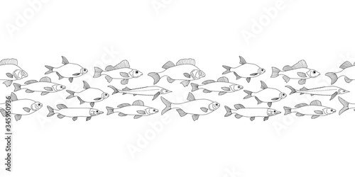 Doodle fish seamless border isolated on white. Seafood hand drawing art line. Coloring page book. Vector stock illustration