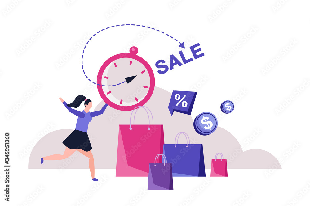 Seasonal shopping. Woman hurry in mall and big shopping bags on background. Retail discount, promotion and online shopping. End of season shopping promotion and sale advertising vector illustration Seasonal shopping. Woman hurry in mall and big shopping bags on background. Retail discount, promotion and online shopping. End of season shopping promotion and sale advertising vector illustration