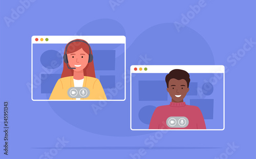 Video conference. Colleagues taking part in video conference in home. Working from home. Software for online communication. Vector illustration