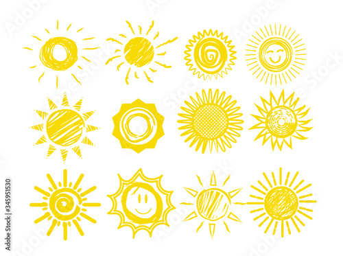 Sun icons. Funny doodles of sun vector illustration. Weather forecast elements. Yellow sun hand drawn sketches set isolated on white background. Cute kids scribble use for products design