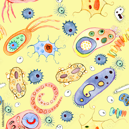 Bacteria  microbes  unicellular organisms. Watercolor illustration. Seamless pattern.