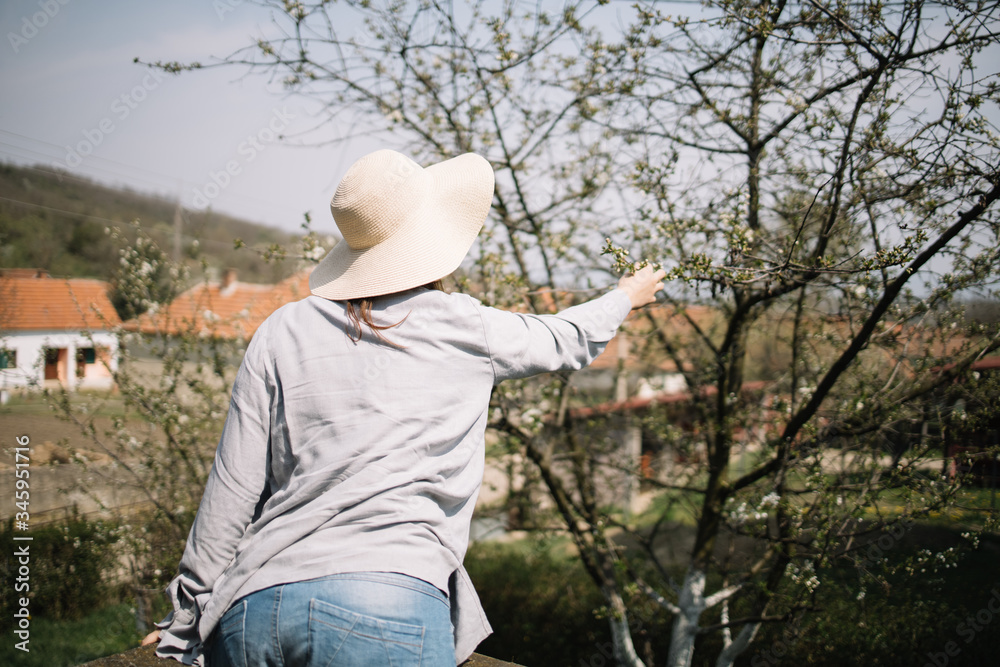 Back view of girl touching blossomed tree in yard Back view of girl touching blossomed tree in yard