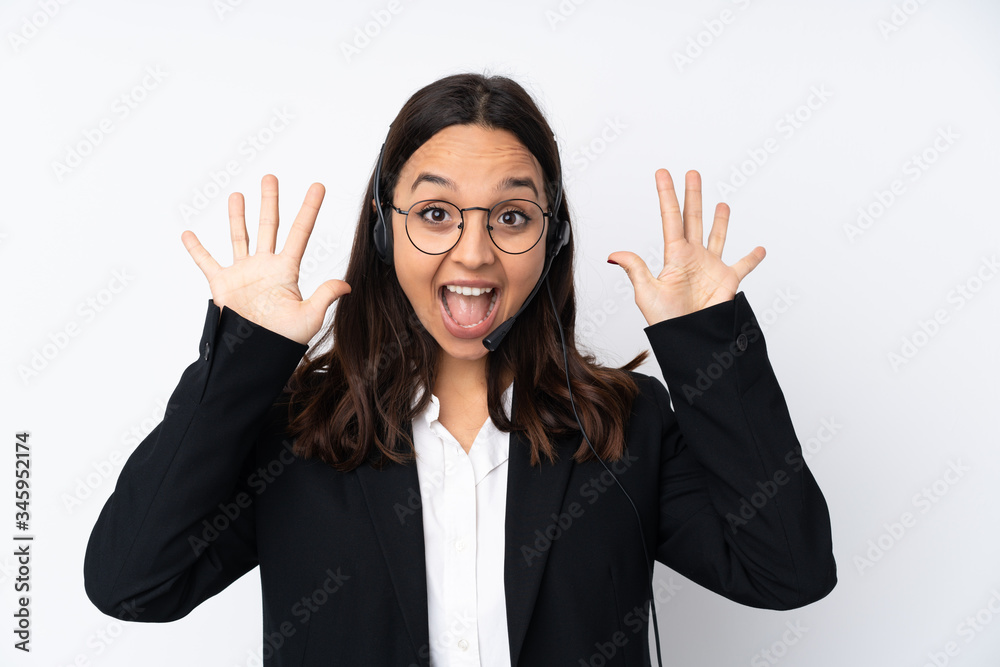 Young telemarketer woman isolated on white background counting ten with fingers Young telemarketer woman isolated on white background counting ten with fingers