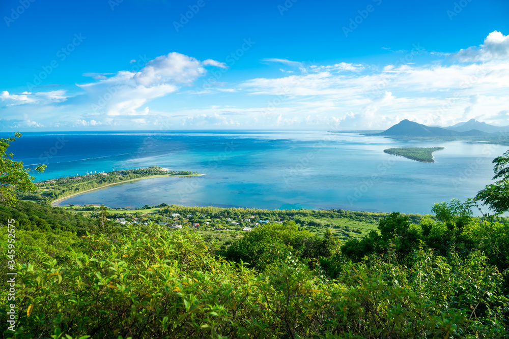 View from the mountain Le Morne Brabant on the blue lagoon. Mauritius