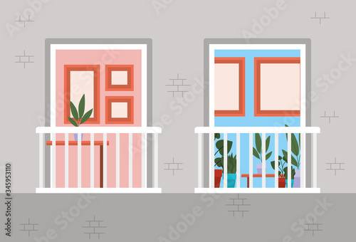 windows with balconies from outside with view into the gray house vector design