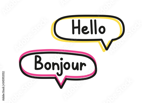 Hello bonjour. Handwritten lettering illustration. Black vector text in pink and yellow neon speech bubbles. Simple outline style