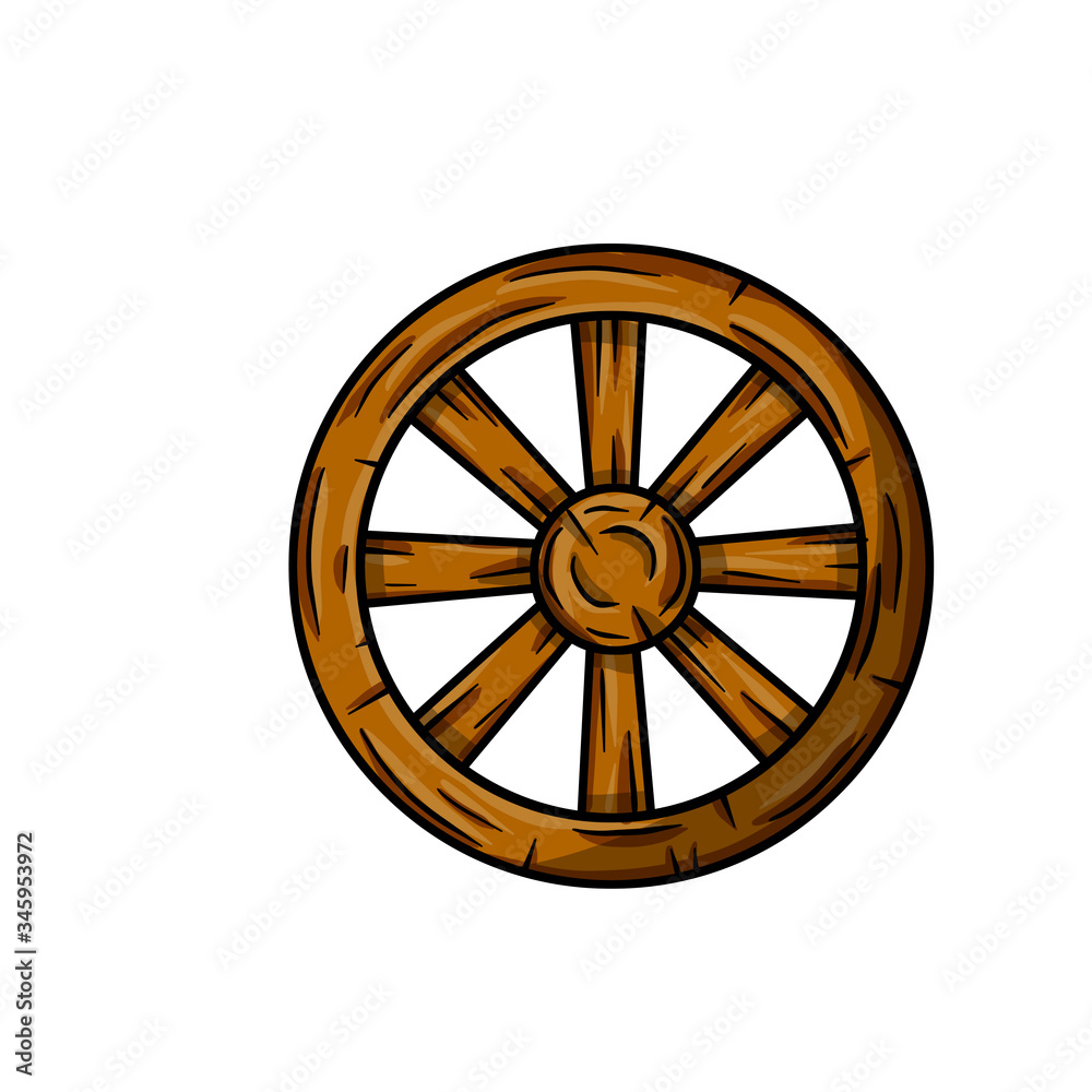 Old wooden cart wheels. Brown Detail of wagon with cracks. A village vehicle in wild West. Hand drawn cartoon illustration