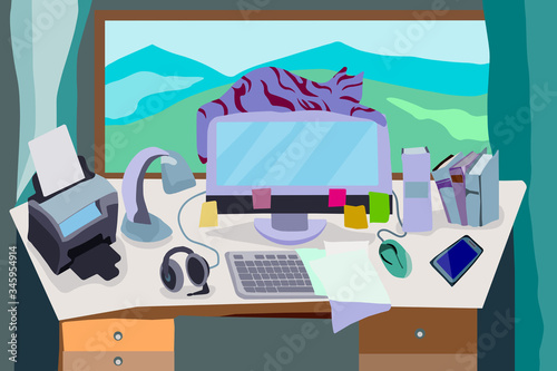 Distance learning, or home office, or freelance concept. Vector background with hand drawn elements featuring office table, computer, office supplies and laying cat silhouette on computer monitor. 