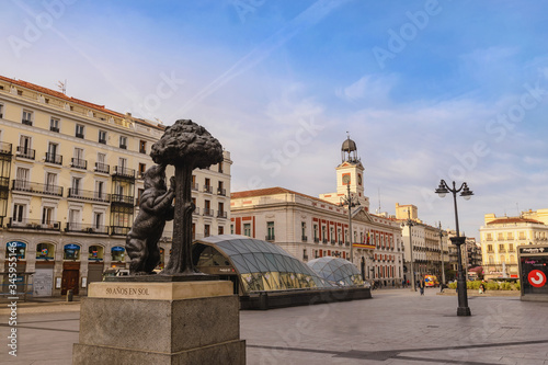 Madrid, Spain - April 27, 2020: Madrid Spain city skyline at Puerta del Sol square in the Coronavirus Covid-19 lockdown