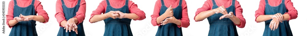 6 steps for wash hand, Asian girl hand wash her hand with soap foam for cleaning hand isolated on white background, With clipping path, Global healthcare hygiene and infection concept.