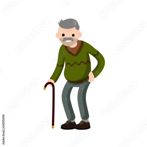 Funny old man with cane. Cartoon flat illustration. Senior and Active Lifestyle, recreation grandfather
