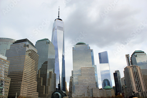 New York, USA - 20/12/2019: One world trade centre Building, observation tower Manhattan New York skyline skyscraper  from ferry approaching downtown city. stock photo New York USA
