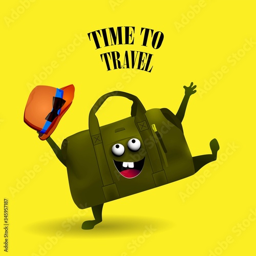 Time to travel. Funny bag for travel. Bag character. Travel agency concept .Vector bright illustration