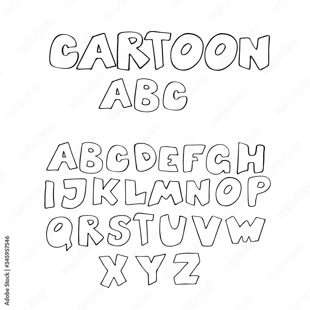 Cartoon style block letters. Hand drawn alphabet. Vector ABC in kids fun style. Unique custom ABC in hand lettering.