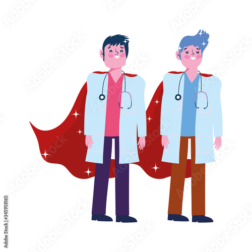 thanks you doctors, male physicians with stethoscope and superhero cape characters